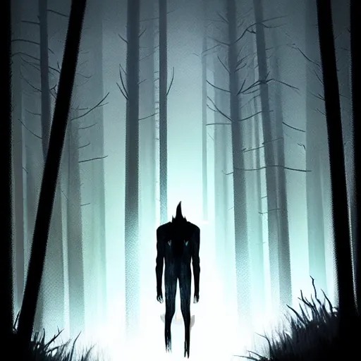 Image similar to in the style of artgerm, peter mohrbacker, rafael albuquerque, wendigo in the forest emerging from the shadows, fog, full moon, moody lighting