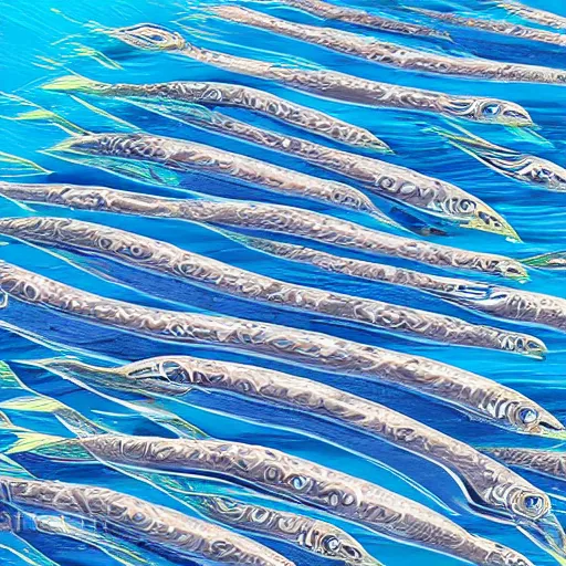 Image similar to plump anchovies build an archipelago in the sheltered waters of a warm tropical ocean, digital art