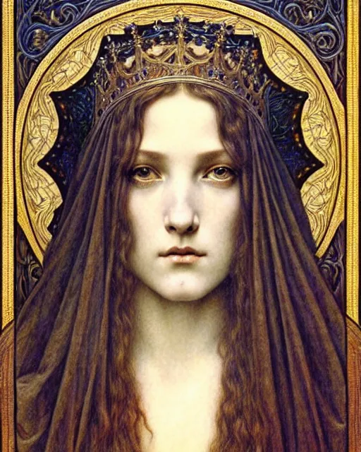 Image similar to detailed realistic beautiful young medieval queen face portrait by jean delville, gustave dore and marco mazzoni, art nouveau, symbolist, visionary, gothic, pre - raphaelite. horizontal symmetry