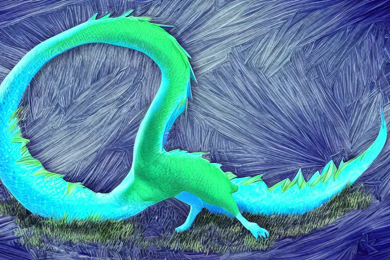 Image similar to a round blue dragon rolling down a green hill, digital art