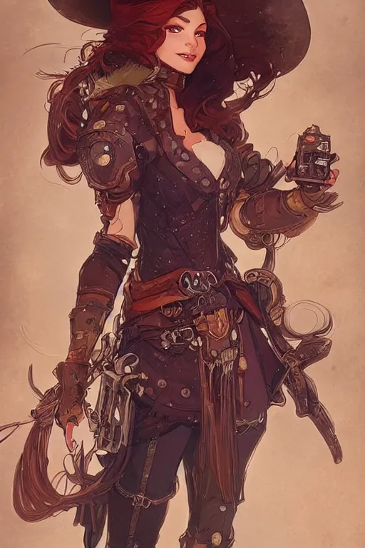 Prompt: ariel disney steampunk half - cyborg cowgirl, pelt coats, high fantasy, dnd, smooth, sharp focus, illustration, highly detailed, digital painting, artstation, concept art, by rossdraws, alphonse mucha, frank fanzzeta, collectible card art