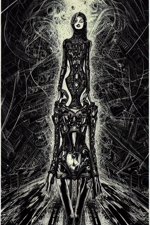 Prompt: dreamy gothic girl, abstract black leather, gear mecha, beautiful woman body, detailed acrylic, grunge, intricate complexity, by dan mumford and by alberto giacometti, peter lindbergh