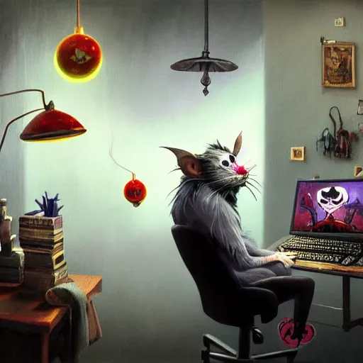 Prompt: Joker faced rat sitting on chair on computer playing games on led keyboard and gaming mouse long rat tail, joker painted clown rat face, led gaming, led gamers keyboard, dark and gloom, extremely detailed oil painting, rhads, Bruce Pennington, Studio Ghibli, tim hildebrandt, cinematic, octane render, beautiful composition, trending on artstation, award-winning photograph, masterpiece