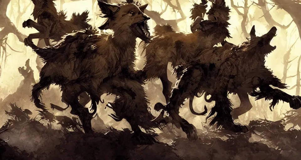 Image similar to WOLVES AND THEIR TREASURES digital painting By Travis Charest, James Gurney, and Ashley Wood. dramatic lighting. Magic the gathering style.