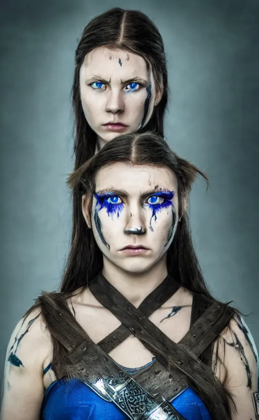 Image similar to photorealistic portrait of female viking warrior with black hair and bloody nose, blue eyes, porcelain skin, shoulders, determined