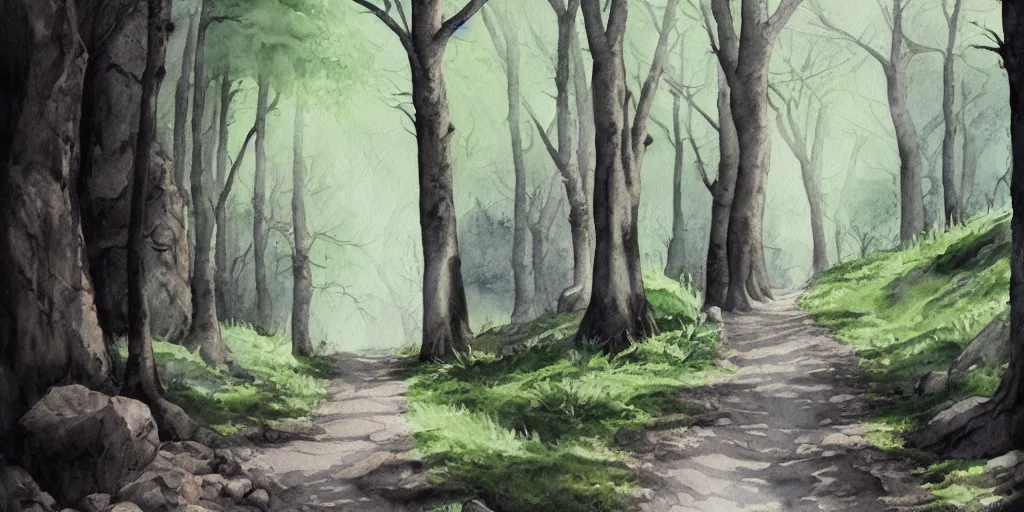 Image similar to path in the forest, leading to a dark cave entrance, exquisite masterpiece watercolor painting, trending on artstation