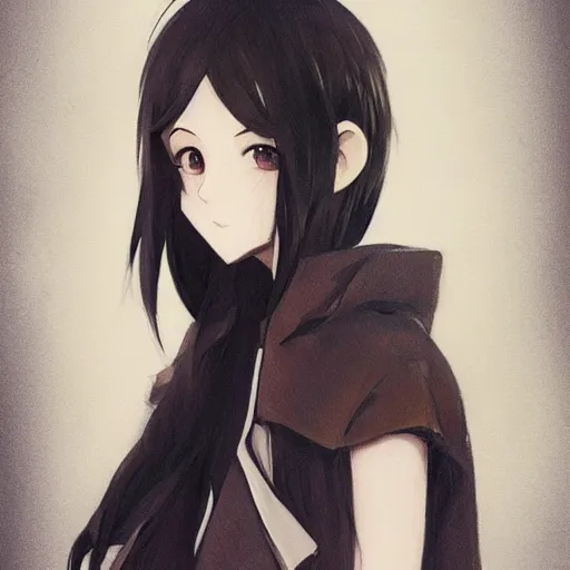 Prompt: A cute anime girl wearing a long coat, shoulder length straight black hair with bob cut, dark eyes, freckles, concept art, charcoal sketch, Huke, krenz cushart, trending on artstation