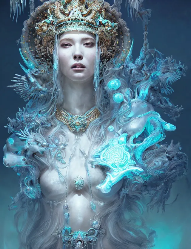 Prompt: goddess portrait from bottom to top by jessica oyhenart in crown made of ram skull, bioluminiscent, plasma, ice, water, wind, creature, super intricate ornaments artwork by tooth wu and wlop and shofff and greg rutkowski