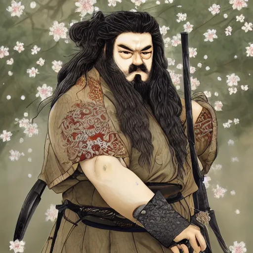 Image similar to detailed portrait of hagrid samurai with swords and steampunk rifles, in snow forest sakura cherry blossom, hakama kimono, trending on artstation elite, elegant, luxury, by krenz cushart, junji ito, takato yamamoto, perfect face, fine details, realistic shaded, fine - face, pretty face