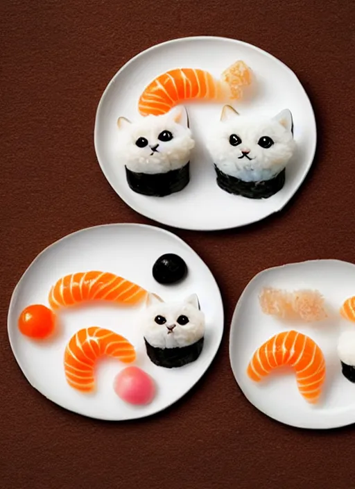 Image similar to clear surrealist painting of tiny adorable cats made from sushi rice, sitting on sushi plates with sushi, garnish, wasabi and soy sauce