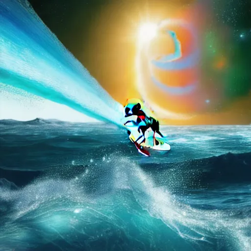 Prompt: photo of a beagle surfing a surfboard on a crashing l wave of alien ocean in space, background is an alien galaxy, aliens in the background, alien colors, octane render, unreal engine, wide view, 8 k, high detaild