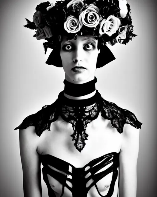Image similar to dreamy surreal poetic black and white photo of a beautiful young female-cyborg-vegetal with a very long neck and a super big gothic lace collar and a very high big floral crown with many black dry roses by Vivienne Westwood:: smoke, high fashion, haute couture, rococo, avant-garde, elegant, dreamy, hyper realistic, 150 mm lens, soft rim light, octane render, unreal engine, picture was taken in 1910 by Dora Maar, volumetric lighting, dramatic light,8k,