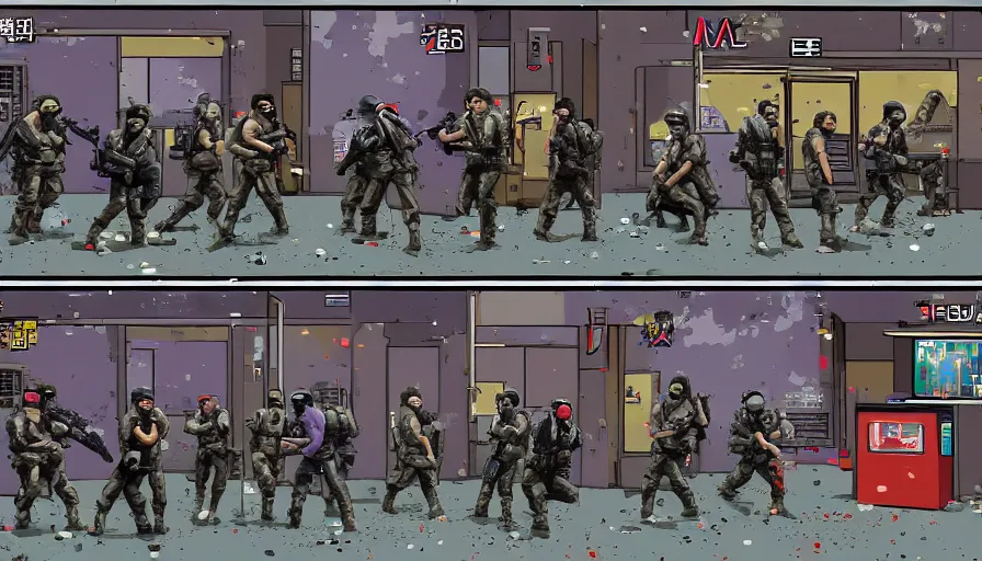 Prompt: 1988 Video Game Screenshot, Anime Neo-tokyo Cyborg bank robbers vs police, Set inside of the Bank Lobby, Multiplayer set-piece in bank lobby, Tactical Squad :9, Police officers under heavy fire, Police Calling for back up, Bullet Holes and Realistic Blood Splatter, :6 Gas Grenades, Riot Shields, Large Caliber Sniper Fire, Chaos, Anime Cyberpunk, Anime Bullet VFX, Anime Machine Gun Fire, Violent Action, Sakuga Gunplay, Shootout, :7 Inspired by Escape From Tarkov + Intruder + The Specialist + Akira :15 by Katsuhiro Otomo: 19