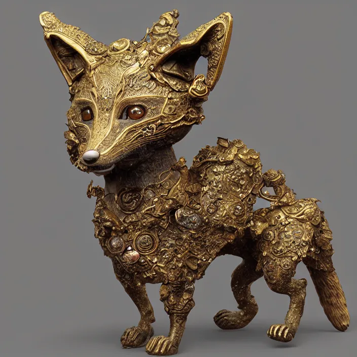 Prompt: highly detailed ancient artifact depicting a fox made of bronze and ivory and encrusted with precious jewels, beautiful patina, ethereal, esoteric, zbrush sculpt, octane render, intricate, ornate, cinematic lighting, hyperrealistic