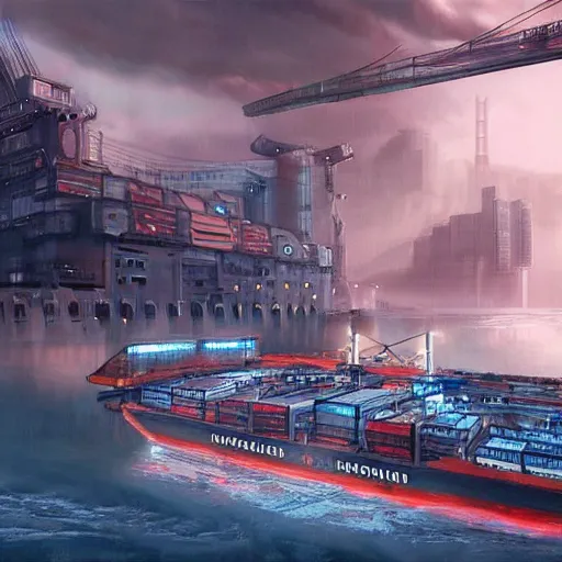 Image similar to Immense industrial futuristic cargo ship arrives at cyber punk city sea port, cinematic lighting, concept art