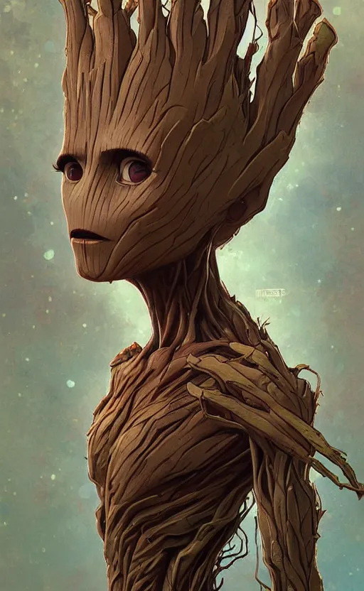 Prompt: groot , highly detailed, digital painting, artstation, concept art, smooth, sharp focus, illustration, art by artgerm and alphonse mucha, high definition digital art, in the style of ilya kuvshinov and Ross tran