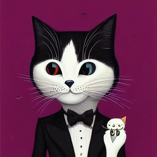 Prompt: portrait illustration of funny cat in the tuxedo by jeremiah ketner, quint buchholz, wlop, dan mumford