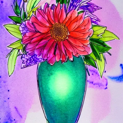 Image similar to a porcelain vase with a colorful and beautiful flower arrangement. very stylize and delicate watercolor and pencil draw + 7 xing. beautiful lighting, 4 k post - processing, trending in art station, cg society, highly detailed, 5 k extremely detailed