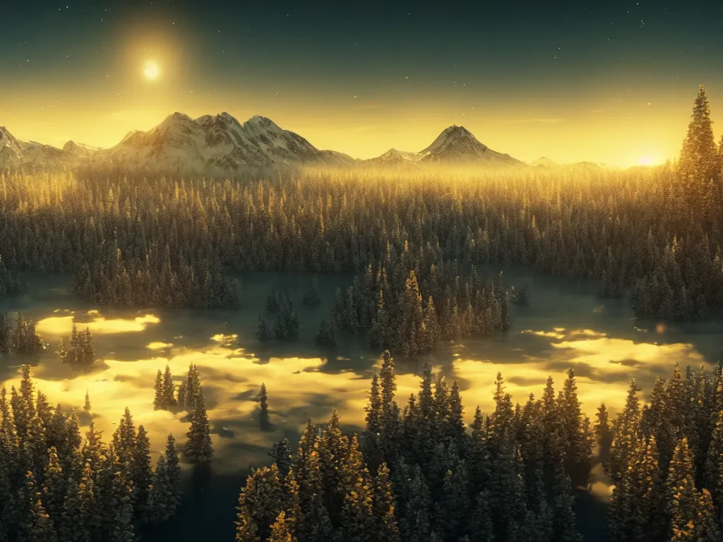 Prompt: epic crystalline taiga with a lake, golden hour, distant mountains, atmospheric perspective, altostratus clouds, planets, cinematic, 3 5 mm lens, photographic, octane render, cinematography by roger deakins, in the style of ansel adams