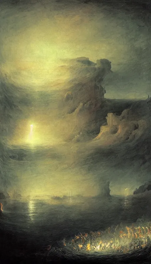 Image similar to man on boat crossing a body of water in hell with creatures in the water, sea of souls, by john martin