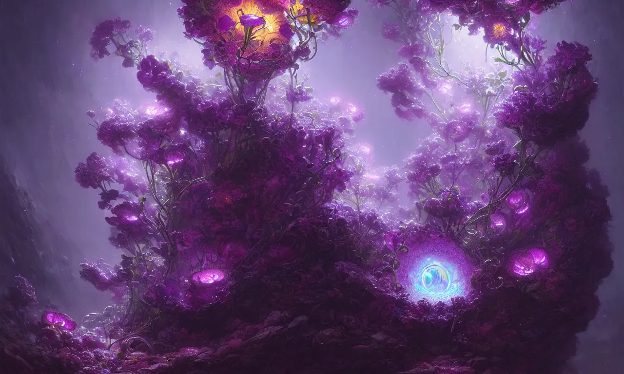 Prompt: artstation photo of a purple bioluminescent flower growing underground, shiny colorful, hyperdetailed, artstation trending, world renowned artists, flower artworks society, floral renewal, cgsociety, by greg rutkowski, by Gustave Dore, Deviantart