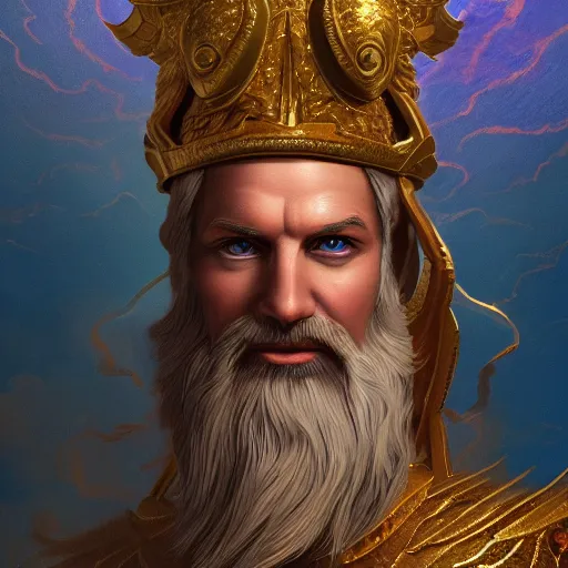 Image similar to Character concept art, Digital Paint, Zeus, God, Character Design, Digital Art, Gold Light, Blue Mist, 8K, insanely detailed and intricate, ornate, hyper realistic, super detailed, Cloudy background, Trending on Artstation, ethereal beings