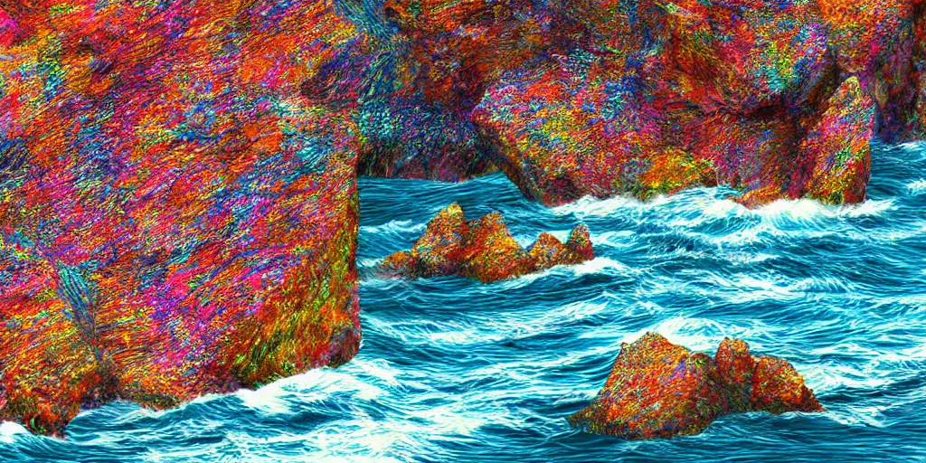 Image similar to glittering multicolored crystal cliffs, viewed from the ocean, high quality digital art,