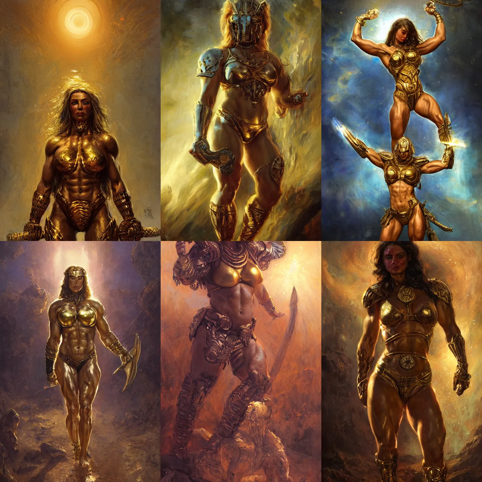 Prompt: handsome full body portrait of a spartan woman bodybuilder posing, radiant light, caustics, war hero, psychedelic dmt, by gaston bussiere, bayard wu, greg rutkowski, giger, maxim verehin, golden halo, golden shining eyes, heavy golden armour, cinematic action pose