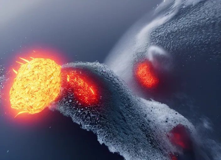 Prompt: a tsunami being hit by a meteorite. Rendered in octane. Scanline. Realflow. Houdini.