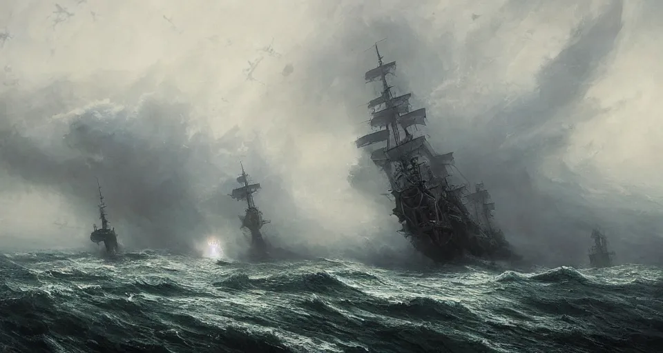 Image similar to enormous sailing battleship, raging sea foggy, dramatic, action scene, stormy background, shipfleet on the horizon, high detail, greg rutkowski, james gurney, gene wolfe, gustave dore, jesper ejsing, rhads, makoto shinkai, ilya kuvshinov