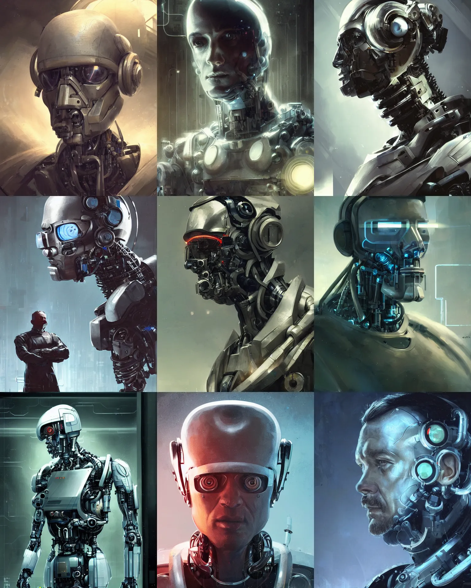 Image similar to a laboratory operator man with cybernetic enhancements seen from a distance, scifi character portrait by greg rutkowski, craig mullins, daytoner, cinematic lighting, dystopian scifi gear, profile picture, highly mechanical, cyborg, half robot