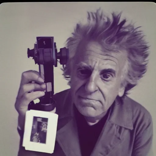 Image similar to old polaroid of a realistic rick sanchez holding his portal gun