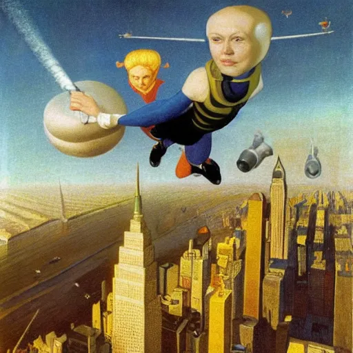 Image similar to yoked physique ultimate space villain super granny flies above new york city with her vacuum cleaner orwellian themes konstantin vasilyev grant wood jan van eyck john steuart curry