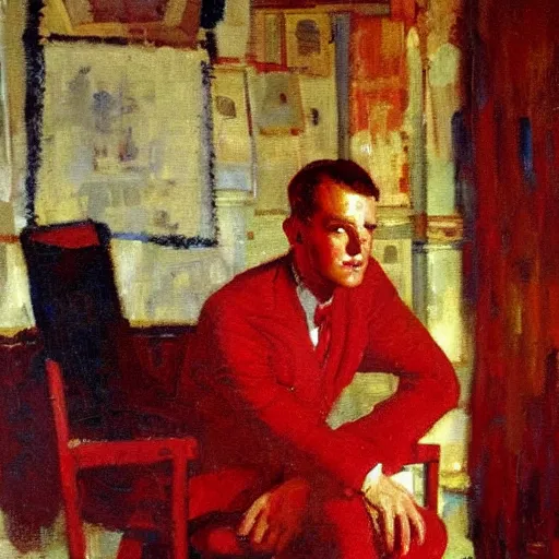 Prompt: man in red room in a chair, dean cornwell style
