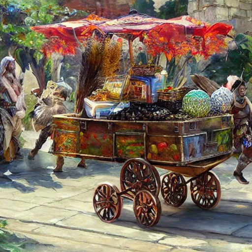 Prompt: a medieval cart bringing with gifts from the cloud tribe, dragon scales and crates of food, fantasy splash art by Michael Garmash, Donato Giancola