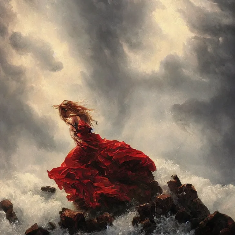 Prompt: a beautiful masterpiece painting of a herione in a storm by juan gimenez, award winning, trending on artstation,