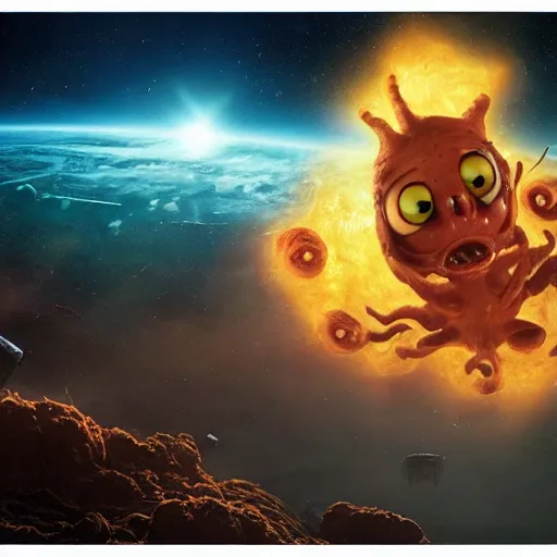 Image similar to eldritch horror bloody garfield in space, hd, 8 k, giant, epic, realistic photo, unreal engine, stars, prophecy, powerful, cinematic lighting, destroyed planet, debris, violent, sinister, ray tracing, dynamic, print, epic composition, dark, horrific, teeth, grotesque, scary, monochrome drawing