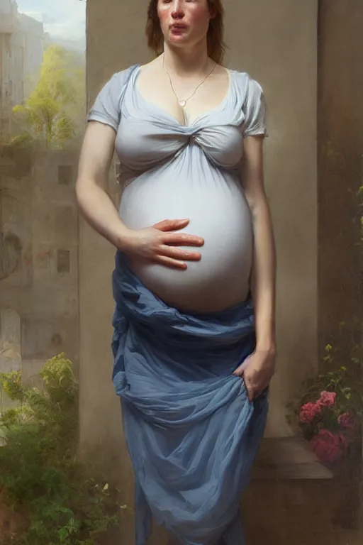 Prompt: pregnant woman in t-shirt by Alyssa Monks, Franz Xaver Winterhalter. full-shot, urban dystopia, hyper realism, realistic proportions, dramatic lighting, high detail 4k