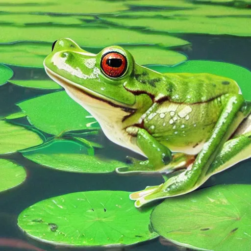 Image similar to !!! sticker!!! close - up of a frog in the water lilies, highly detailed, digital art, matte painting, sharp focus,