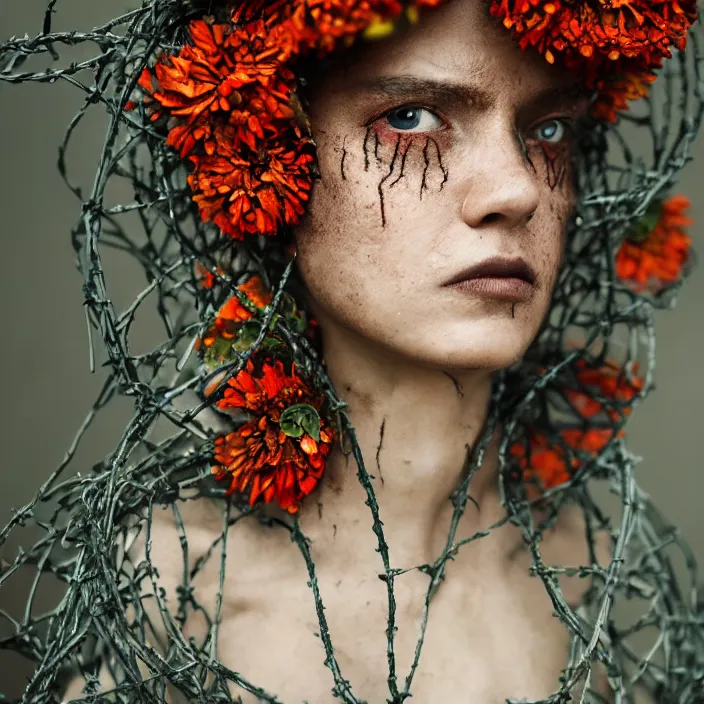 Prompt: a closeup portrait of a woman wearing a hooded cloak made of zinnias and barbed wire, in a derelict house, by Zhang Jingna, natural light, detailed face, CANON Eos C300, ƒ1.8, 35mm, 8K, medium-format print