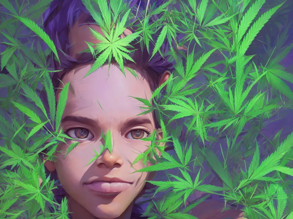 Prompt: kid with symmetrical beauty face, green flowers of marijuana purple glow hemp cannabis, behance hd, by jesper ejsing, by rhads, makoto shinkai, lois van baarle, ilya kuvshinov, rossdraws global illumination, golden ratio