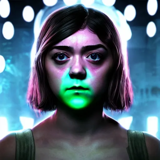 Prompt: Maisie Williams, neon face tattoo, cyberpunk background, straight hairstyle, white eyes, blonde hair, realistic render, short hair, unreal engine render, Icaro Carvalho