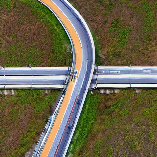 Prompt: a highway with a train track and bus lane, birds eye, photograph, 8 k.