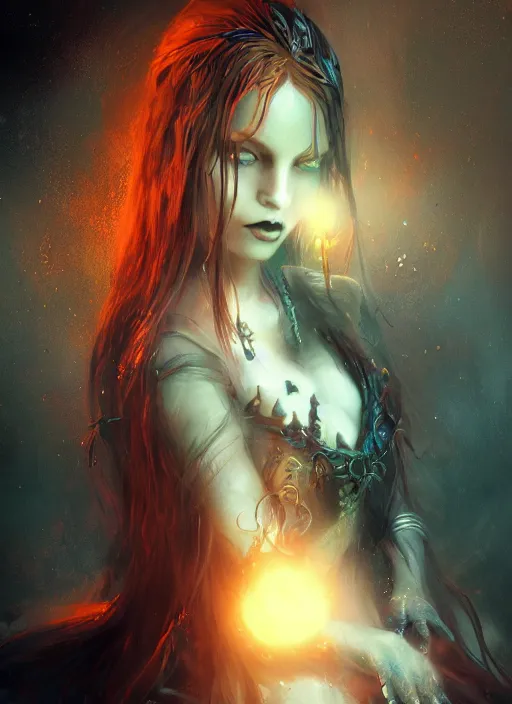 Prompt: gothic Lunar goddess with long hair, shimmering stardust, dark shadows, contrast, vivid colors, concept art, sharp focus, digital art, Hyper-realistic, 4K, Unreal Engine, Highly Detailed, Dramatic Lighting, Beautiful, by bastien lecouffe-deharme