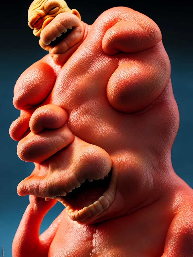Prompt: hyperrealistic rendering, fat smooth cronenberg flesh monster homer simpson by donato giancola and greg rutkowski and wayne barlow and zdzisław beksinski, product photography, action figure, sofubi, studio lighting, colored gels, colored background