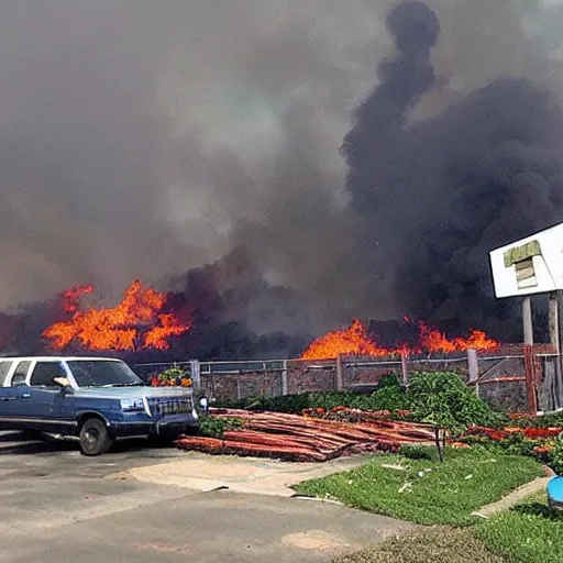 Image similar to The gardening center section of a Lowe's Warehouse, on fire