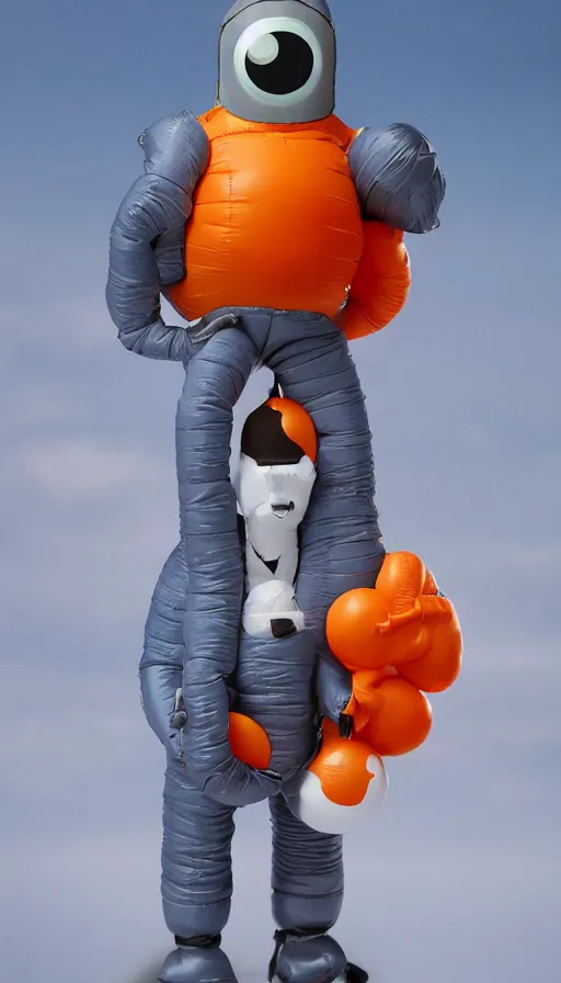 Prompt: still slander figurine of a tall giant inflated space man action figure wearing over sized orange puffy bomber jacket, long bendy arms and legs, googly eyes, tareme eyes, small head, personification, dynamic pose, detailed product photo, tone mapped, beautiful composition, 8 5 mm, f 5. 8, soft lighting