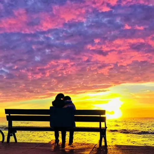 Image similar to a photo of a couple sitting on a park bench looking at a beautiful purple and yellow sunset over the ocean. The sky is green