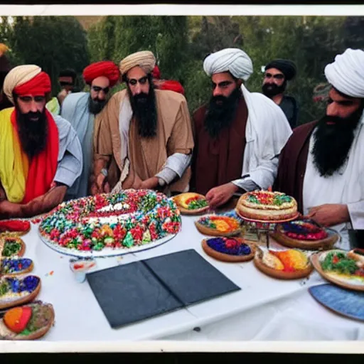 Image similar to color photograph of a festive taliban first anniversary party with cake.