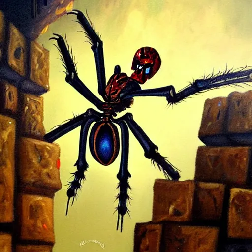 Image similar to spider jockey from Minecraft,giant spider and a human skeleton, the skeleton is mounting the spider, inside of a cave, oil painting